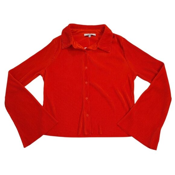 Ribbed Bell Sleeve Button-Up Collared Top By Ro&De XS Polyester Womens Shirt NWT - Picture 5 of 8